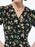 16MM Mulberry Silk Floral Print Women Puff Sleeve Maxi Dress GOELIA