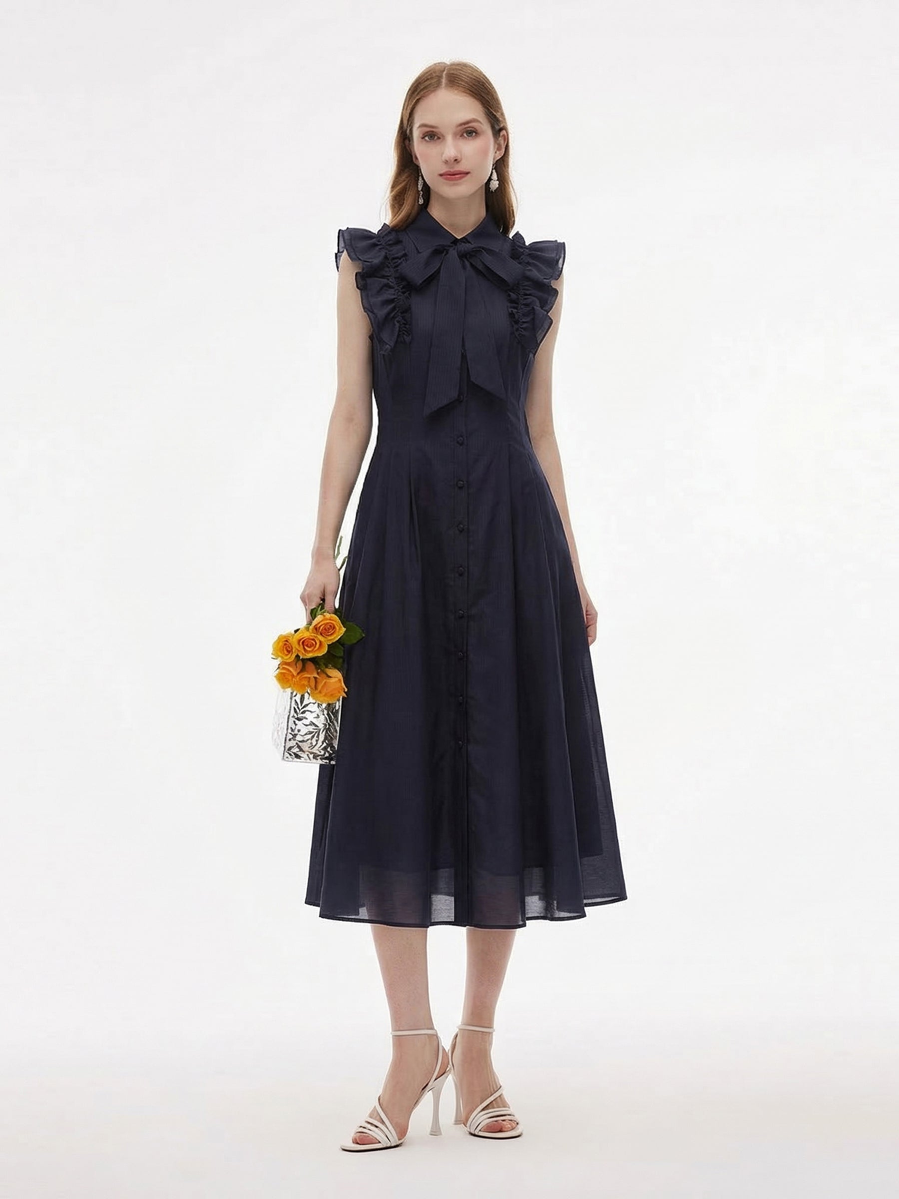 Lyocell Blend Ruffle Women Maxi Dress With Ribbon GOELIA