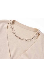 Tencel Wool Blend Beaded Neck Women Cut-Out Wrap Knit Top GOELIA