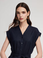 100% Linen V-Neck Women Self-Tie Belt Maxi Dress With Skirt Lining GOELIA