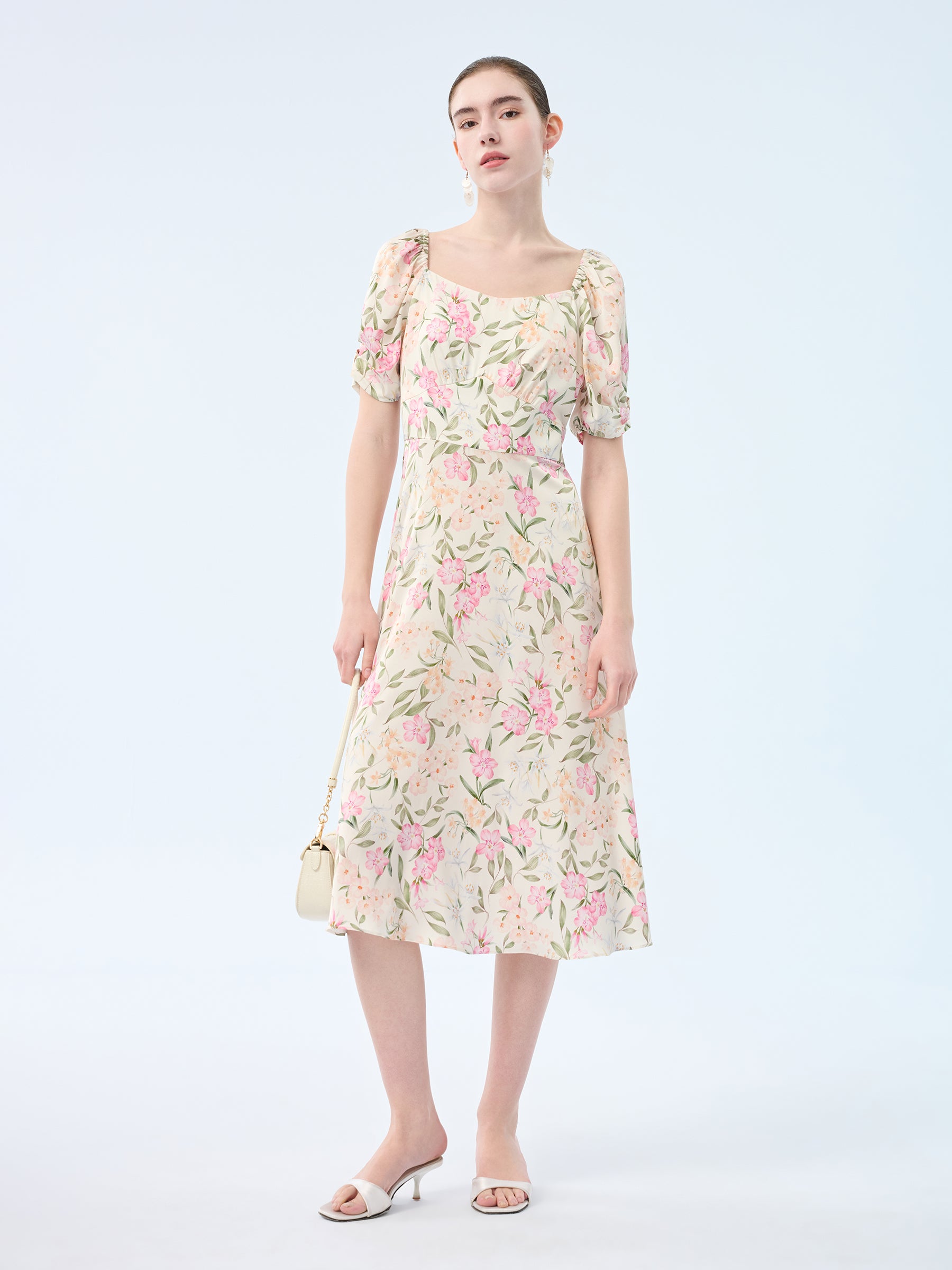 19MM Mulberry Silk Floral Print Women Square Neck Midi Dress GOELIA