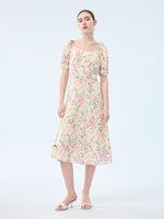 19MM Mulberry Silk Floral Print Women Square Neck Midi Dress GOELIA
