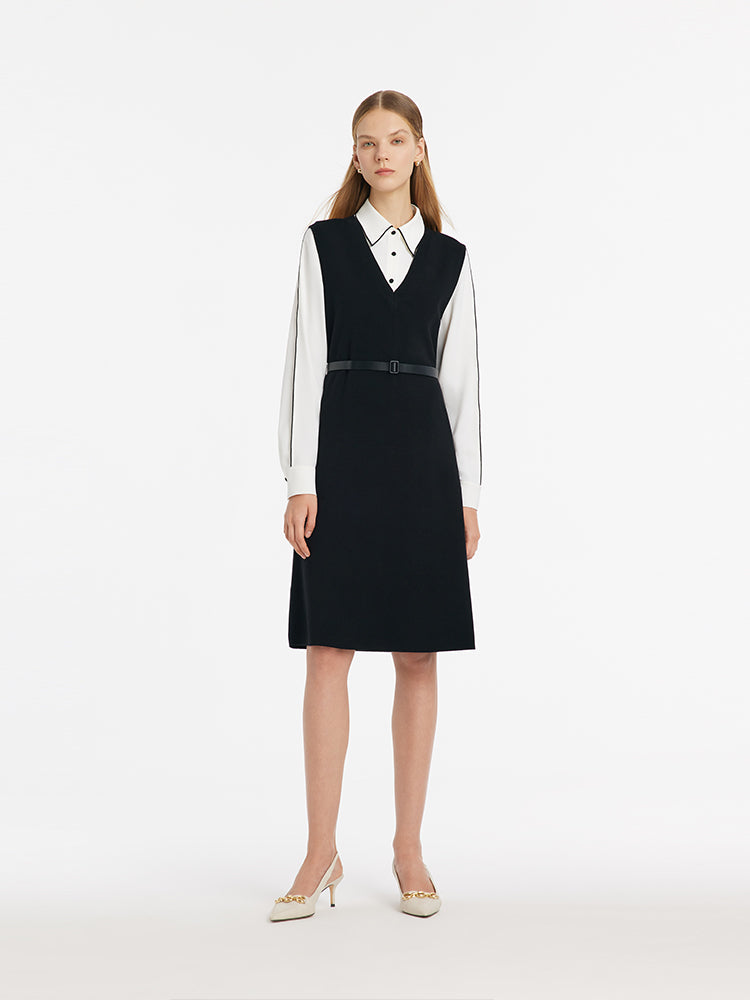 Contrast Trim Shirt And Knitted Vest Dress Two-Piece Set GOELIA