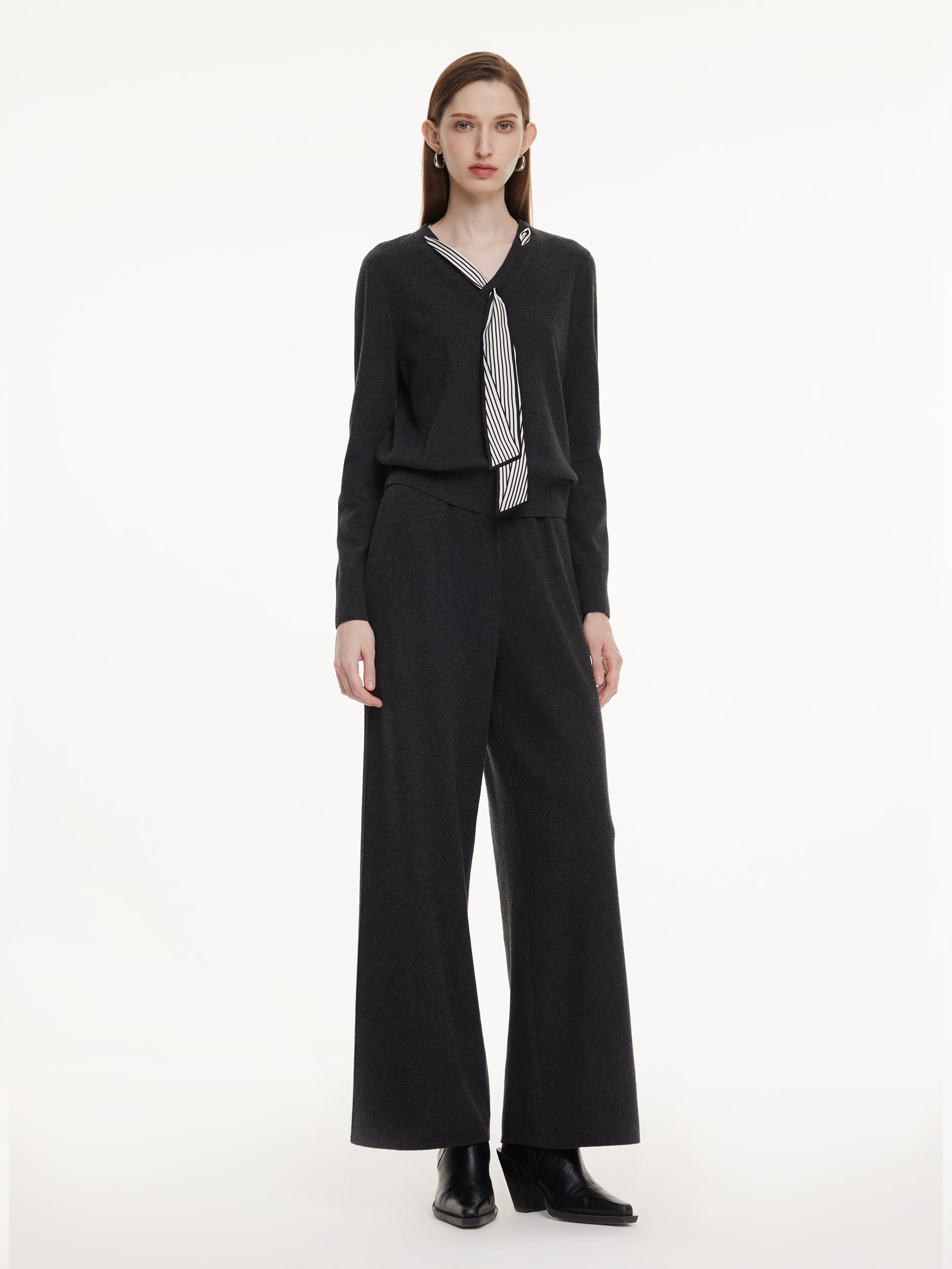 V-Neck Knit Top And Pants Two-Piece Set With Silk Scarf GOELIA