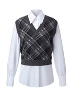 Plaid Knit Vest And Shirt Two-Piece Set GOELIA