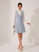 Acetate Blend Ruffle Neck Women Mini Dress With Detachable Bow GOELIA