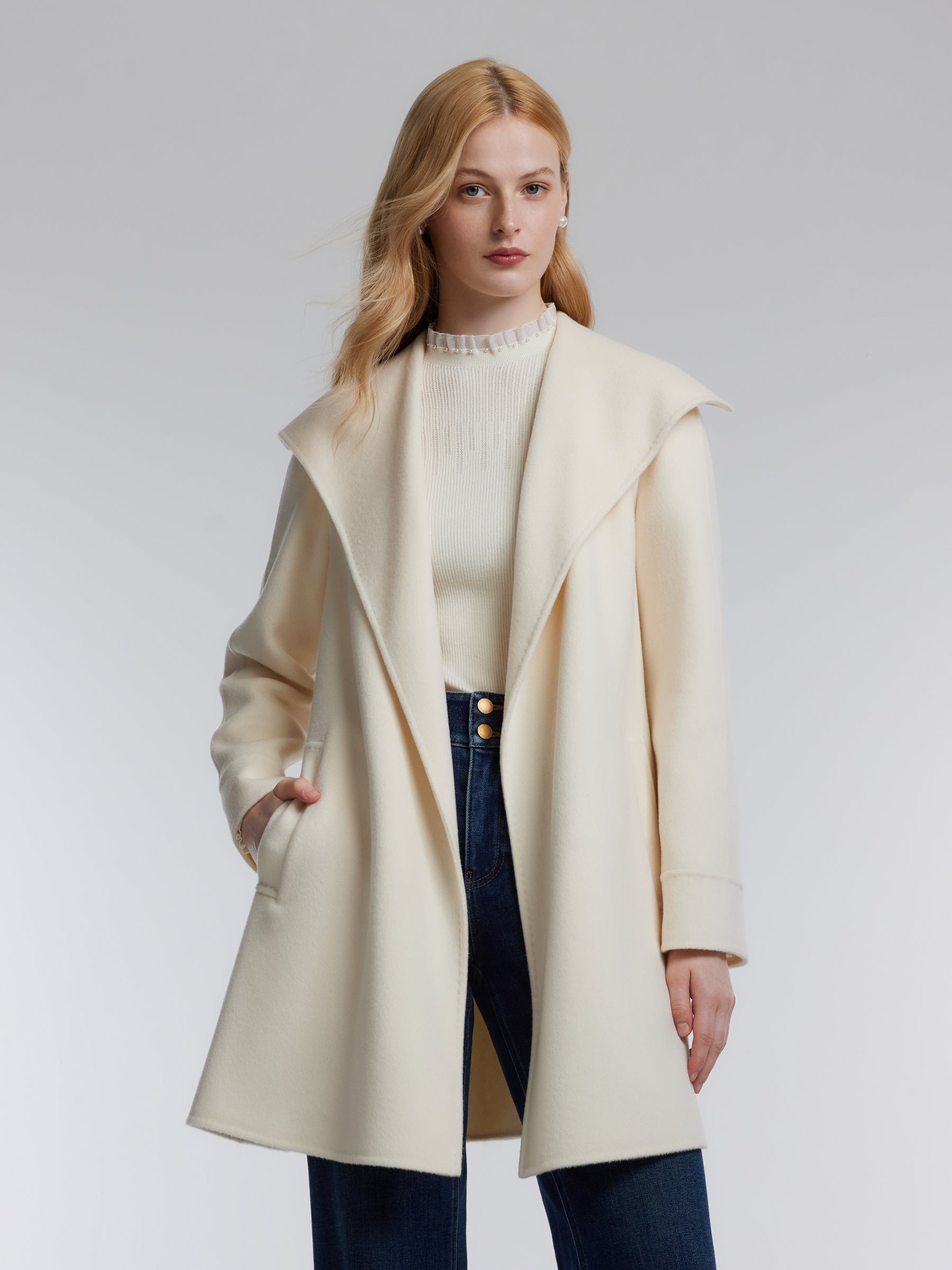 [Preview] Cashmere Wool Blend Double-Faced Women Wrap Cape Coat GOELIA