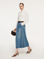Lyocell Cotton Blend Denim Frayed Hem Women Skirt With Belt GOELIA