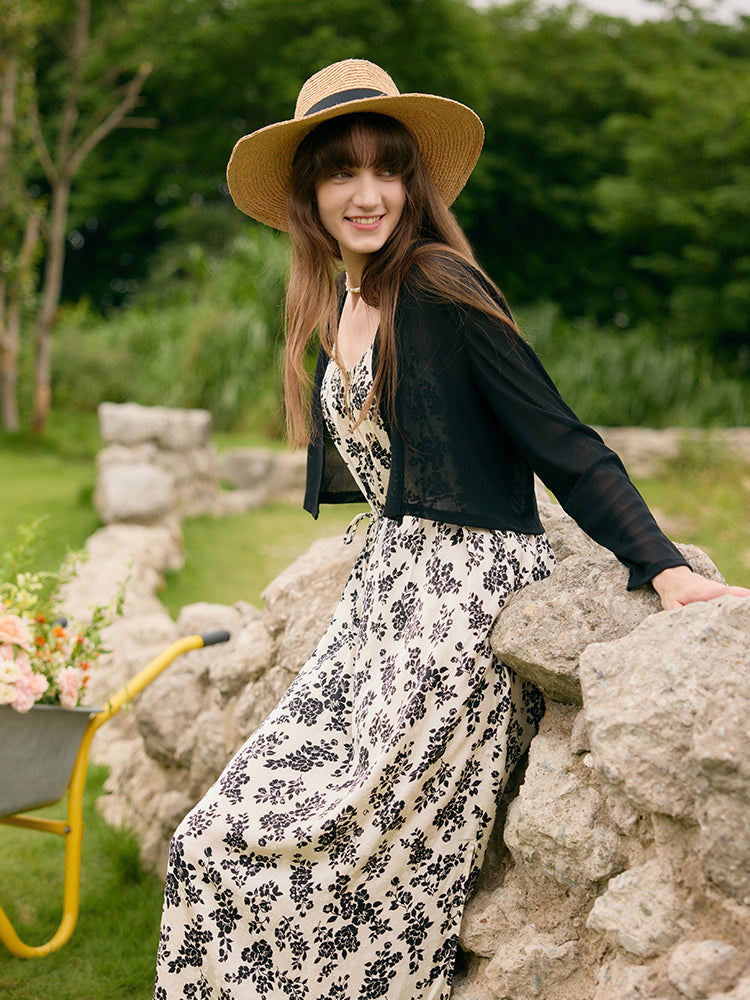 Spaghetti Strap Butterfly Print Midi A-Line Dress / Cardigan / Set main image 1