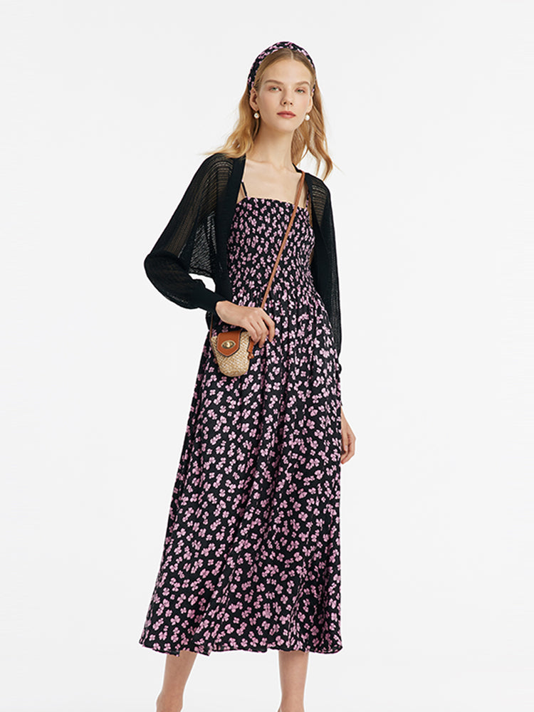 Bowknot Printed Spaghetti Strap Maxi Dress And Knitted Cardigan Two-Piece Set With Scrunchie GOELIA