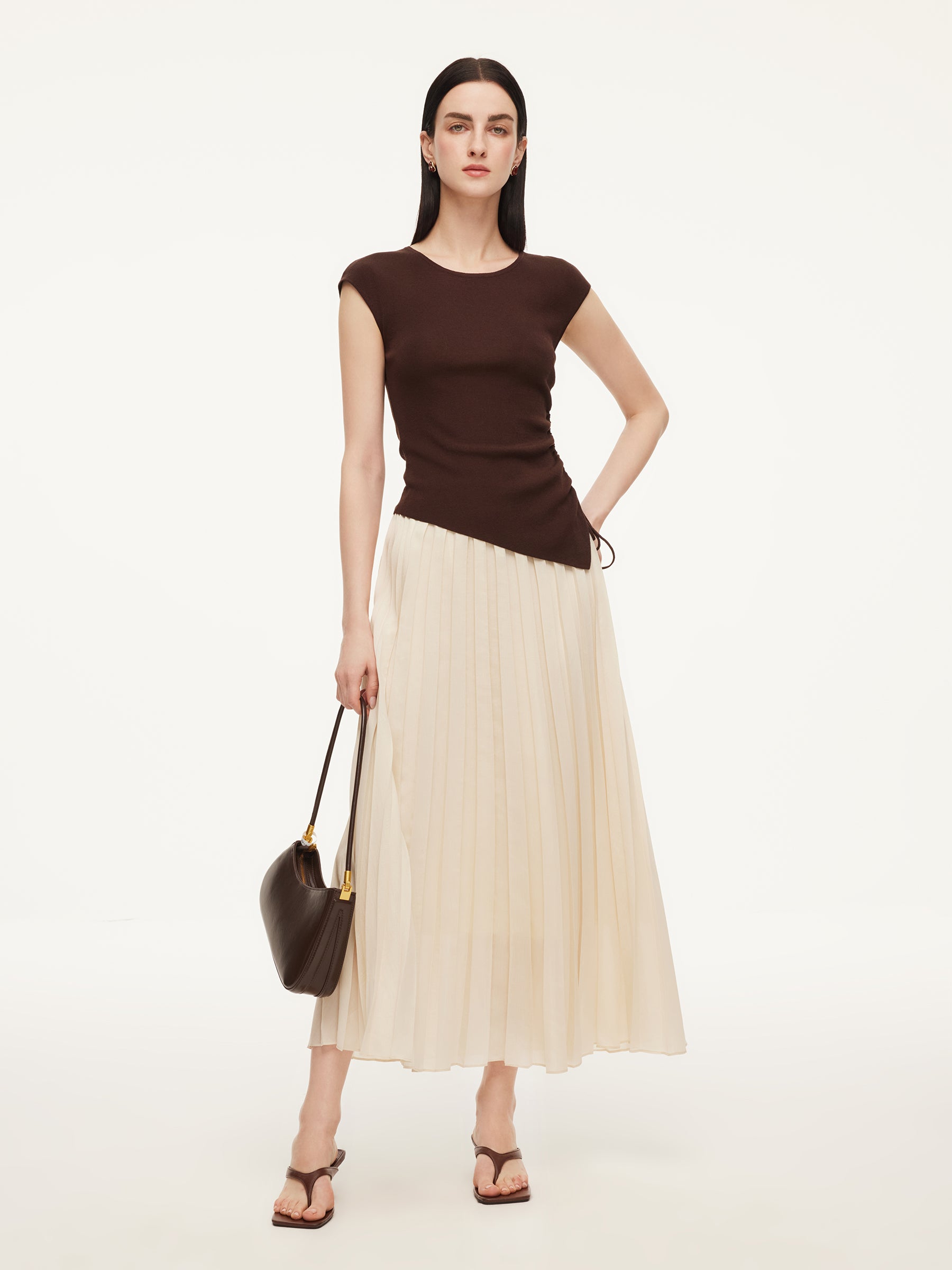 Modal Acetate Blend Asymmetrical Hem Knit Top And Pleated Skirt Two-Piece Set GOELIA