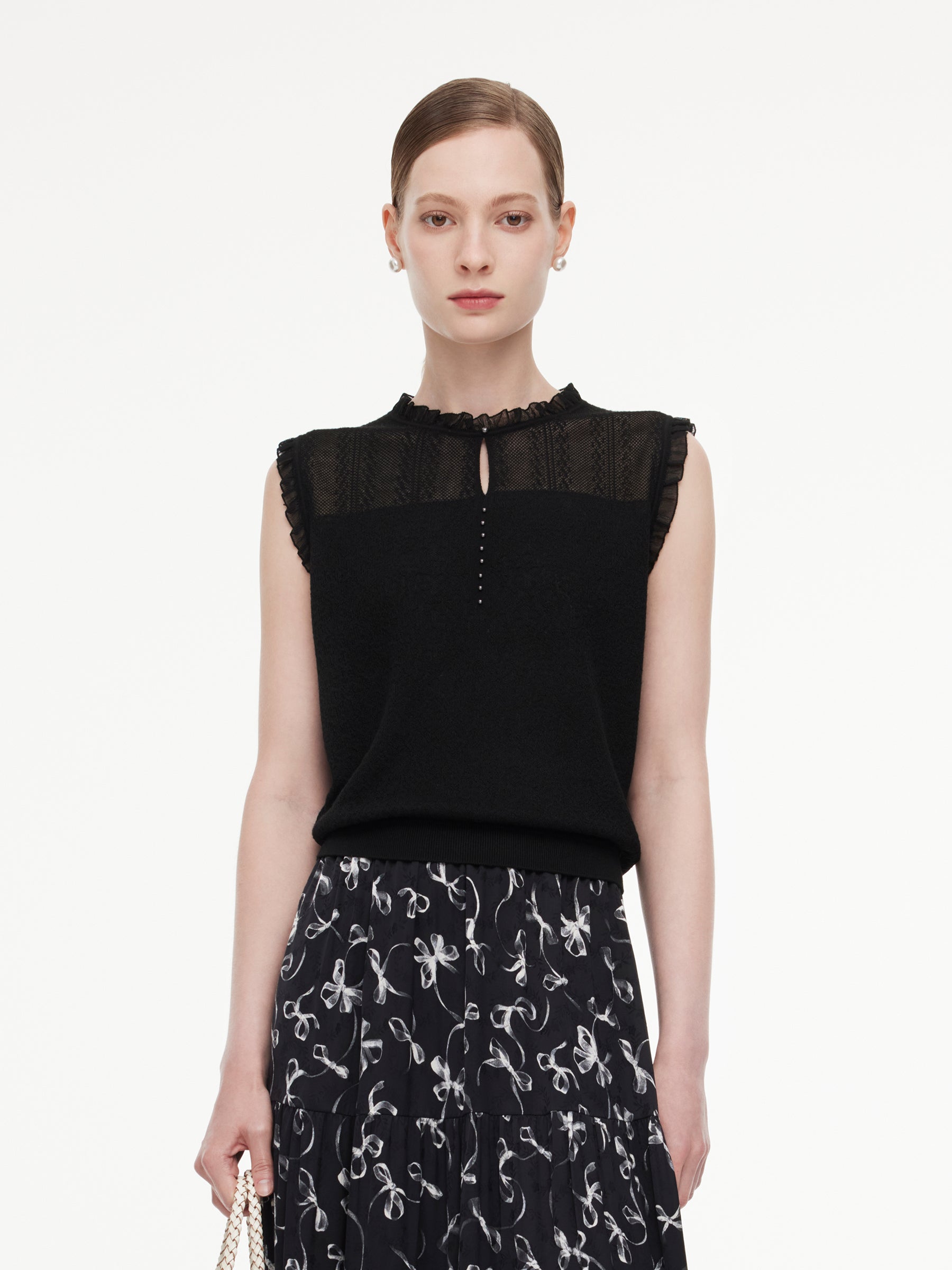 Jacquard Cut Out Neckline Women Ruffle Knit Tank Top GOELIA