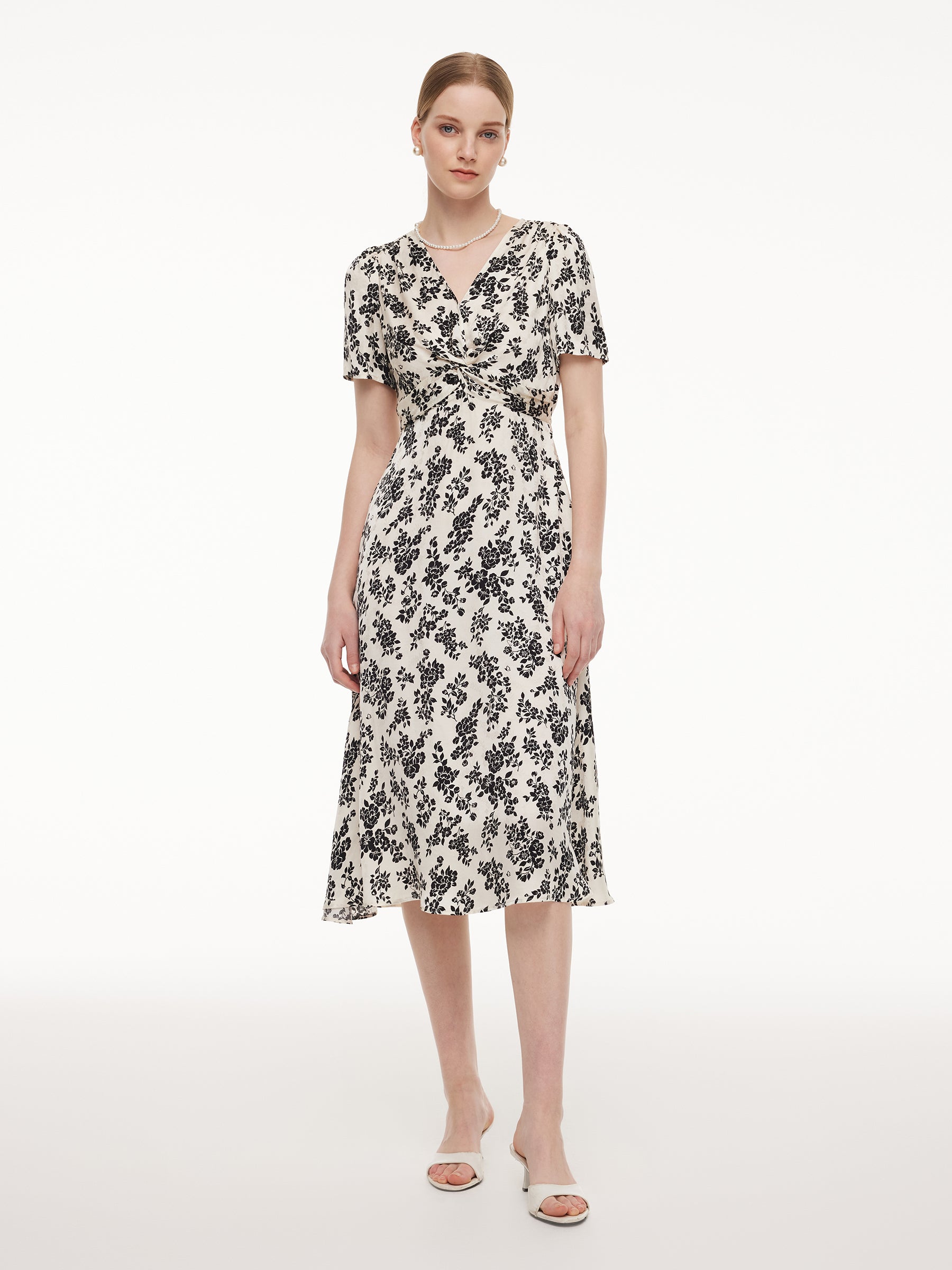 Jacquard Floral Print Twist Front Women V-Neck Midi Dress GOELIA