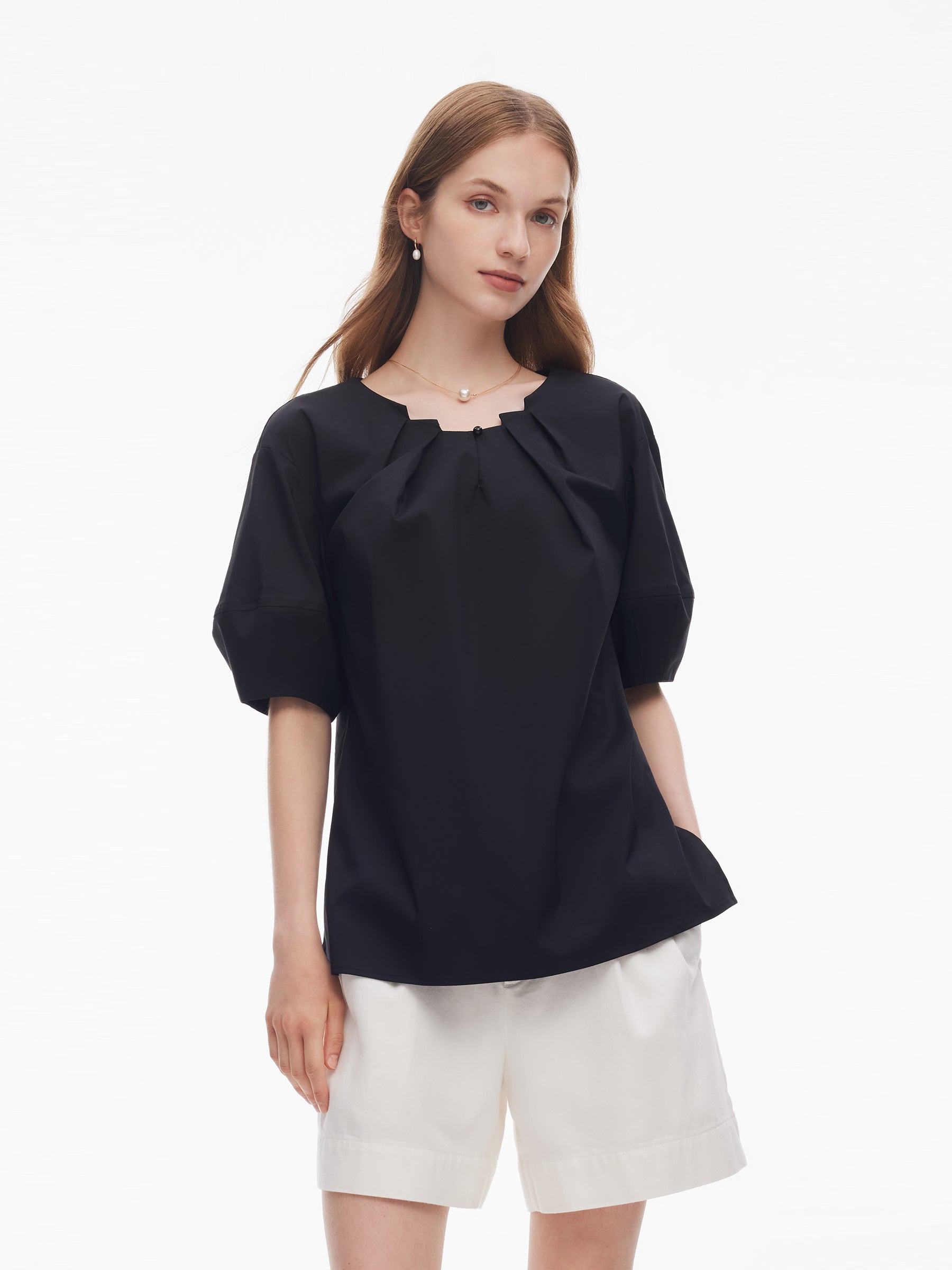 Pleated Neck Women Side Slit Top GOELIA