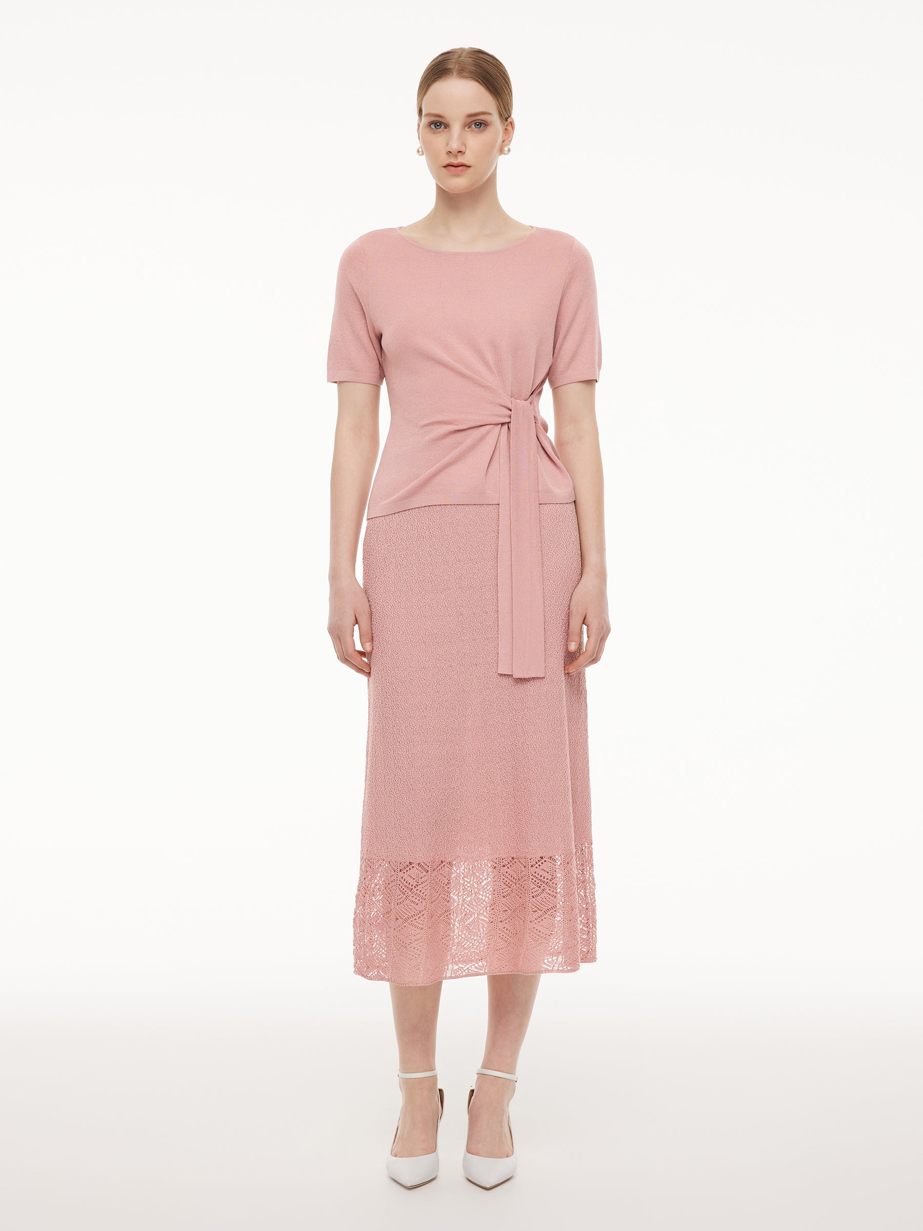 Tencel Blend Tie Front Knit Top And Crocheted Column Skirt Two-Piece Set GOELIA