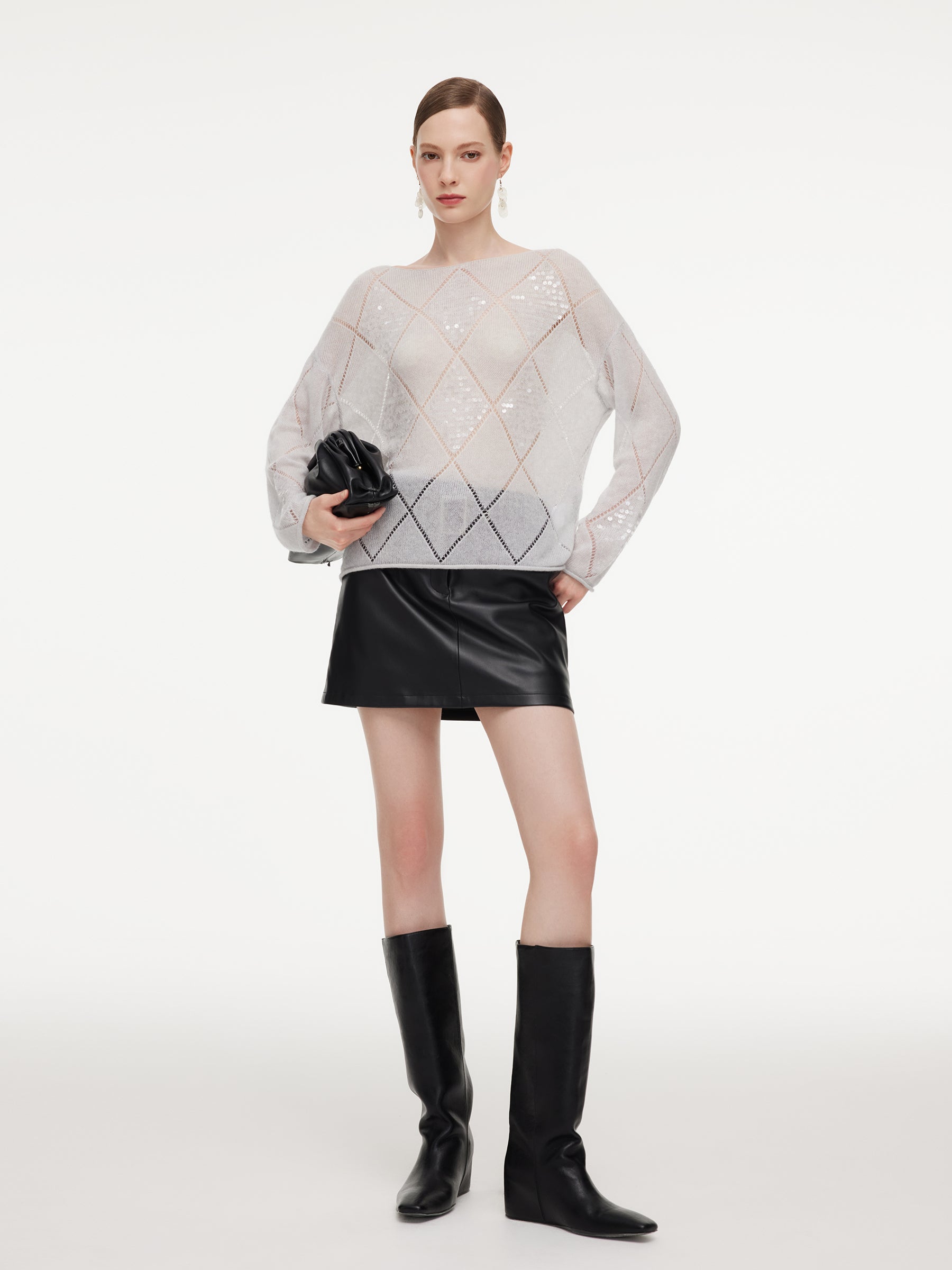 Lyocell Wool Cashmere Blend Sequins Women Open-Knit Sweater GOELIA