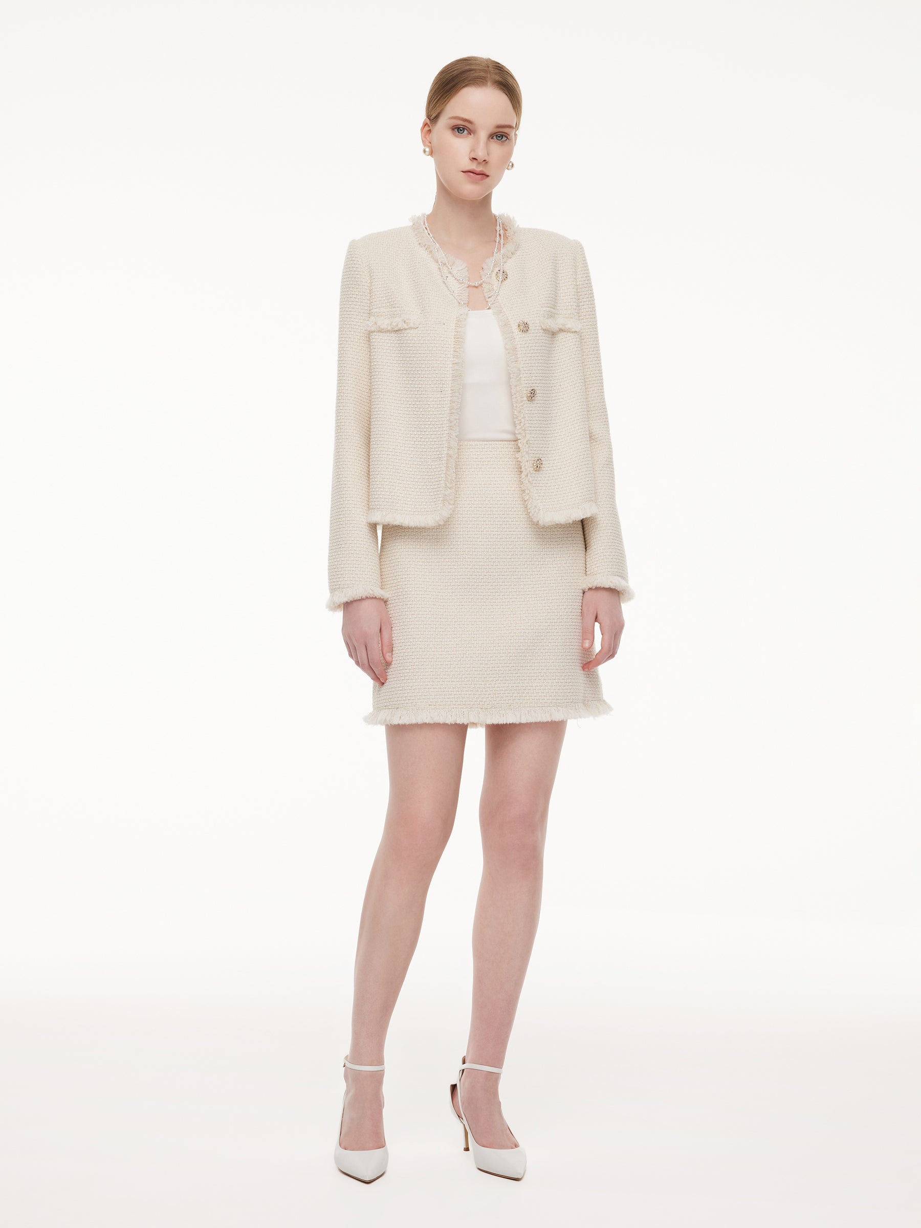 Wool Blend Tweed Fringe Trim Women Jacket GOELIA