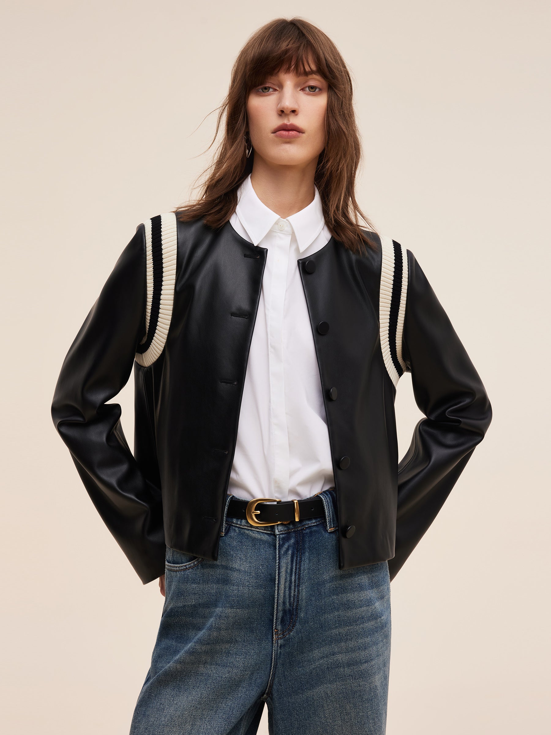 Eco-friendly PU Leather Women Patchwork Jacket GOELIA