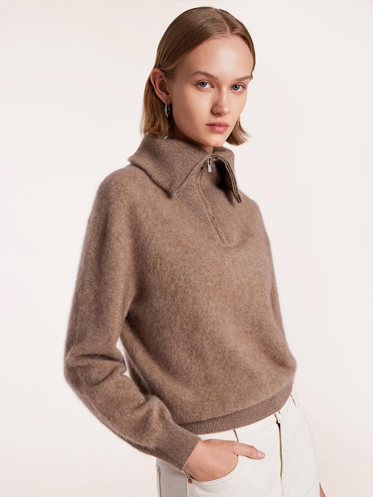 Pure Cashmere Zippered Lapel Women Sweater GOELIA