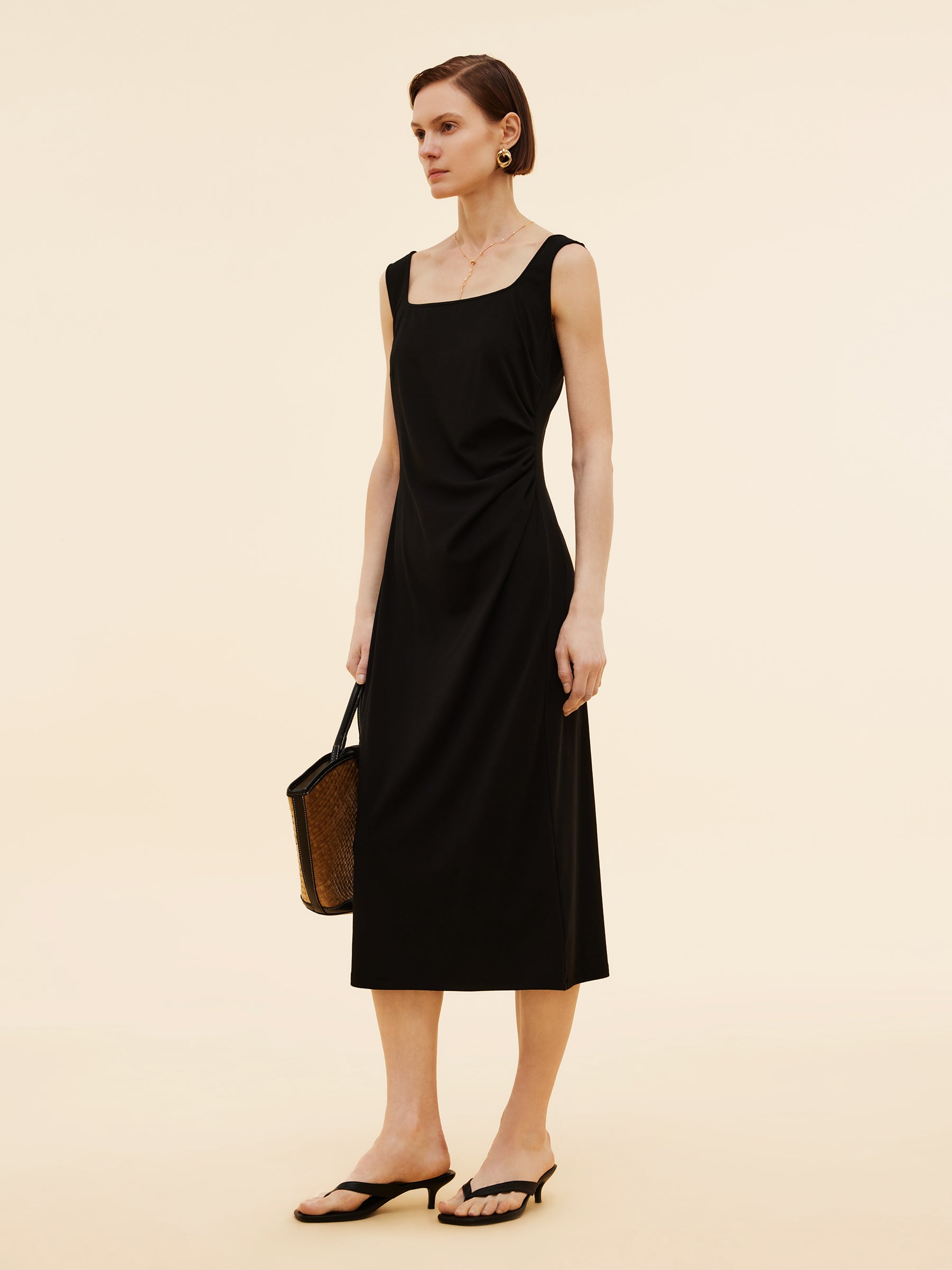 Side Pleat Square Neck Women Sleeveless Knit Maxi Dress GOELIA