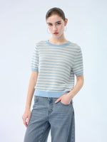 Lyocell Blend Blue And White Stripe Women Knit Top GOELIA
