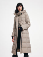 [Preview] Longline Subtle Plaid Belted Goose Down Hooded Overcoat GOELIA