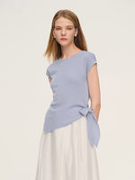 Tencel Blend Asymmetrical Hem Women Knit Top With Ribbon GOELIA
