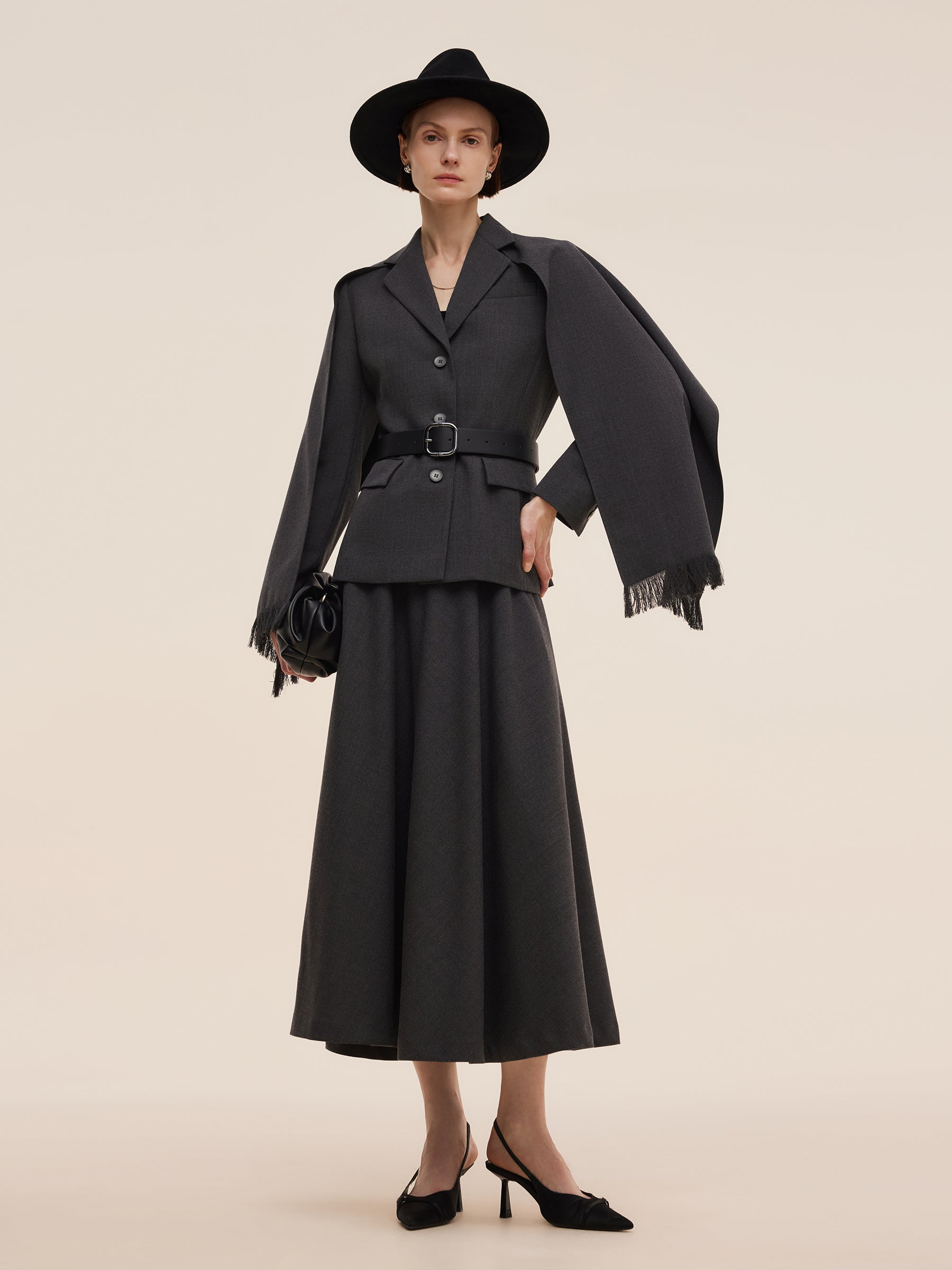 Worsted Wool Blend Women Blazer With Fringe Scarf And Belt GOELIA