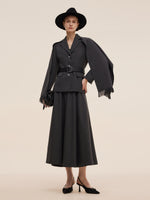 Worsted Wool Blend Women Blazer With Fringe Scarf And Belt GOELIA