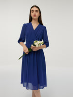 V-Neck Pleated Lace Up Wrap Midi Dress GOELIA