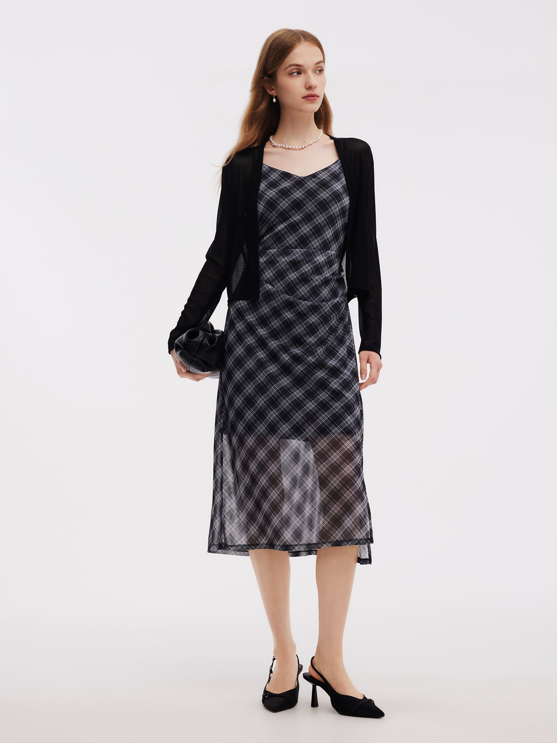 Plaid Adjustable Straps Slip Midi Dress And Cardigan Two-Piece Set GOELIA
