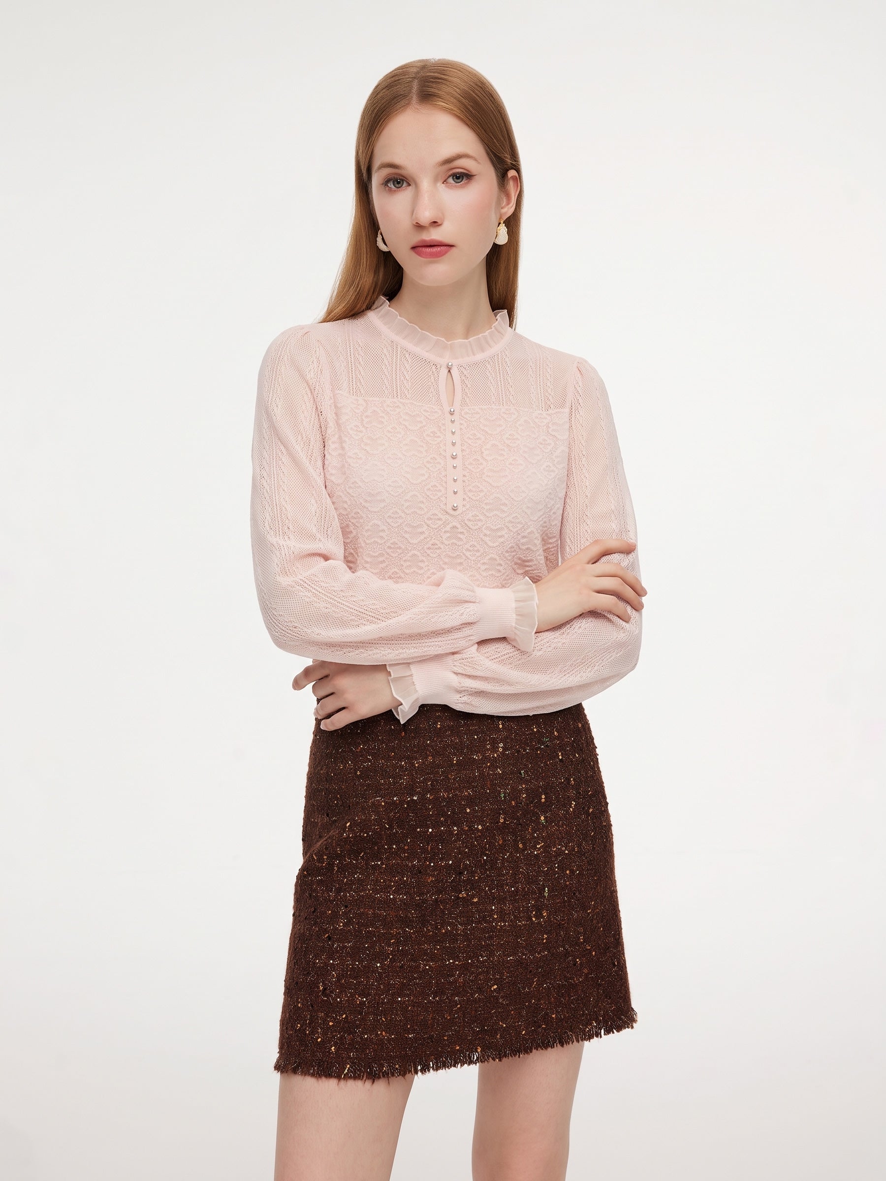Jacquard Textured Ruffle Neck Women Knit Top GOELIA