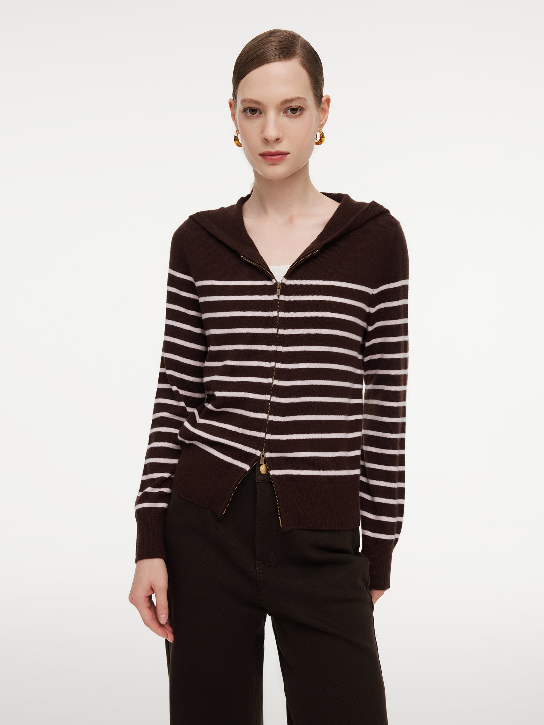 100% Wool Brown Stripe Women Hooded Zip-Up Cardigan GOELIA