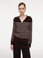 100% Wool Brown Stripe Women Hooded Zip-Up Cardigan GOELIA