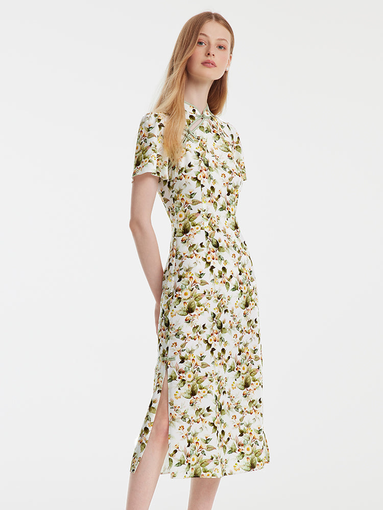 Tencel Linen Floral Cheongsam Dress GOELIA