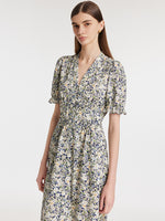 Floral Printed V-Neck Puff Sleeves Women Midi Dress GOELIA