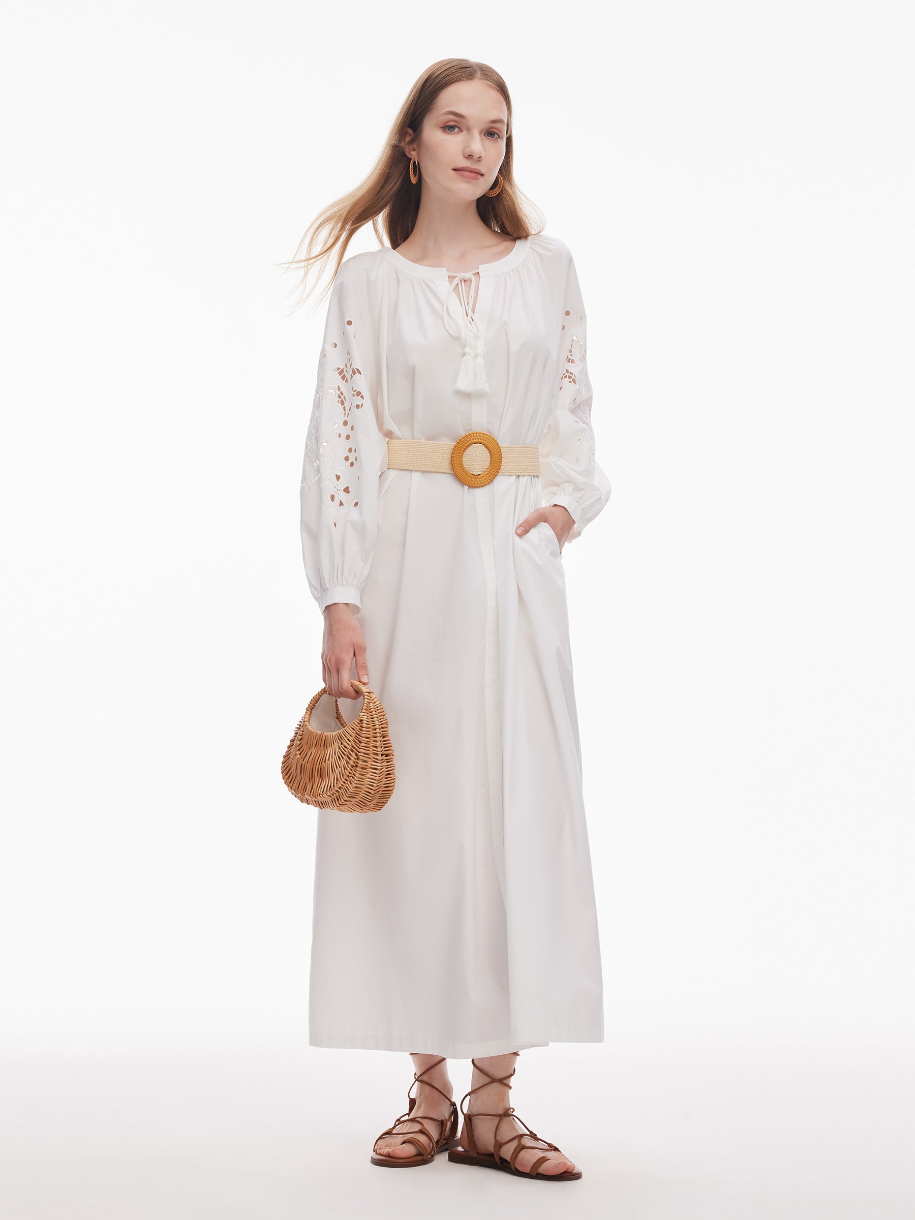 100% Cotton Embroidered Women Long Sleeve Maxi Dress GOELIA