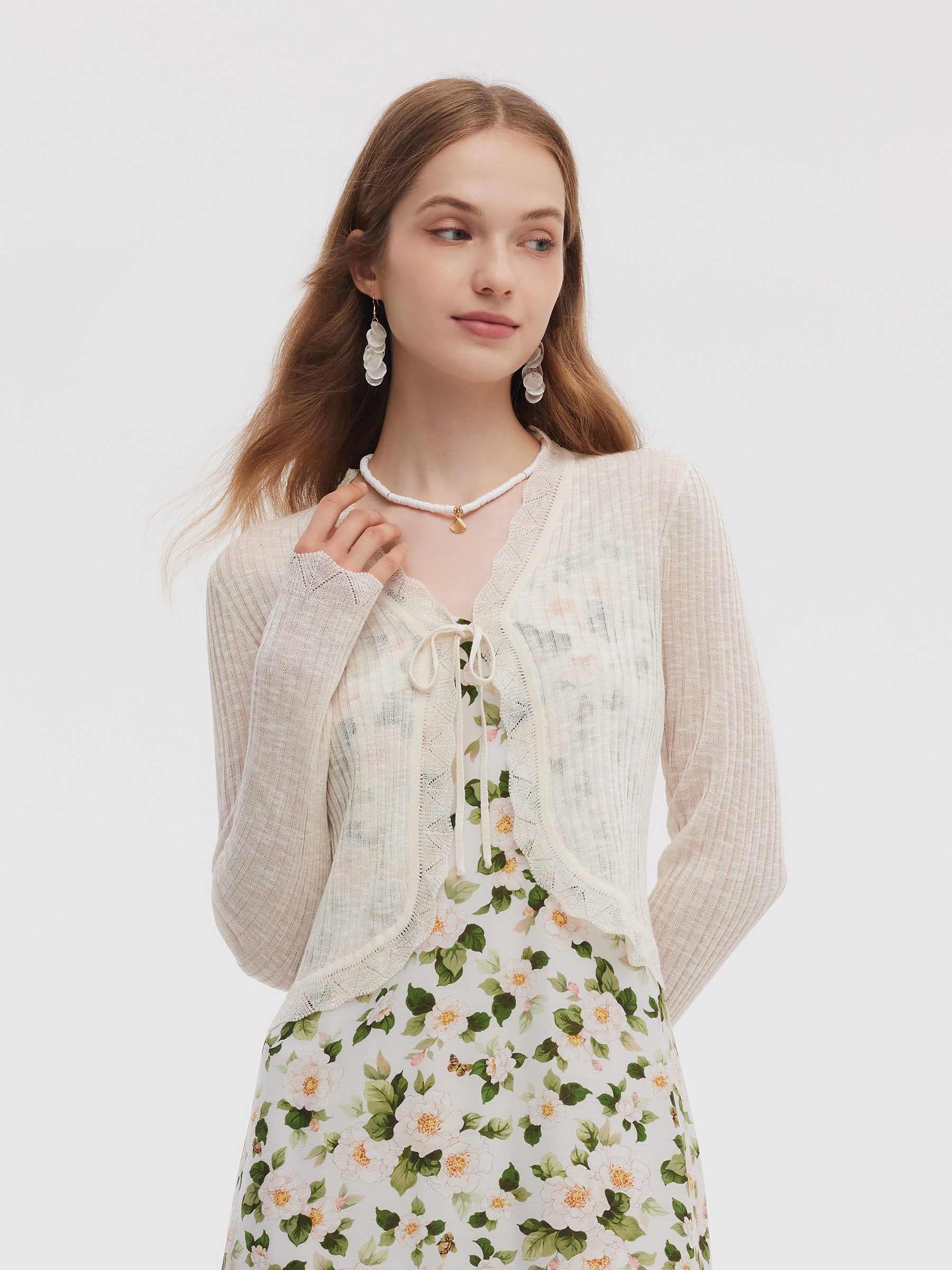 Wavy Trim Tie Front Women Cardigan GOELIA