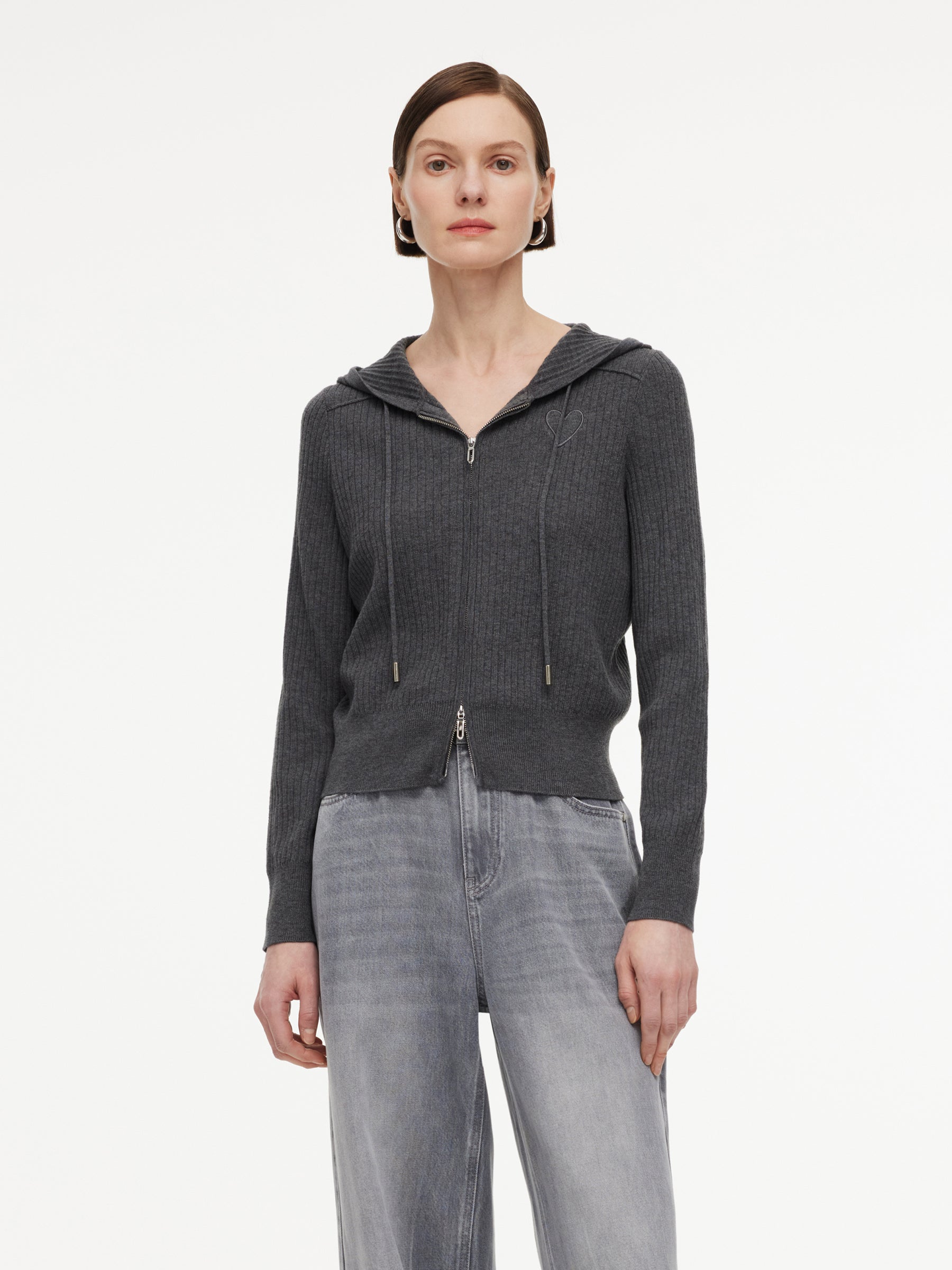 Wool Blend Heart Embroidered Women Hooded Cardigan GOELIA