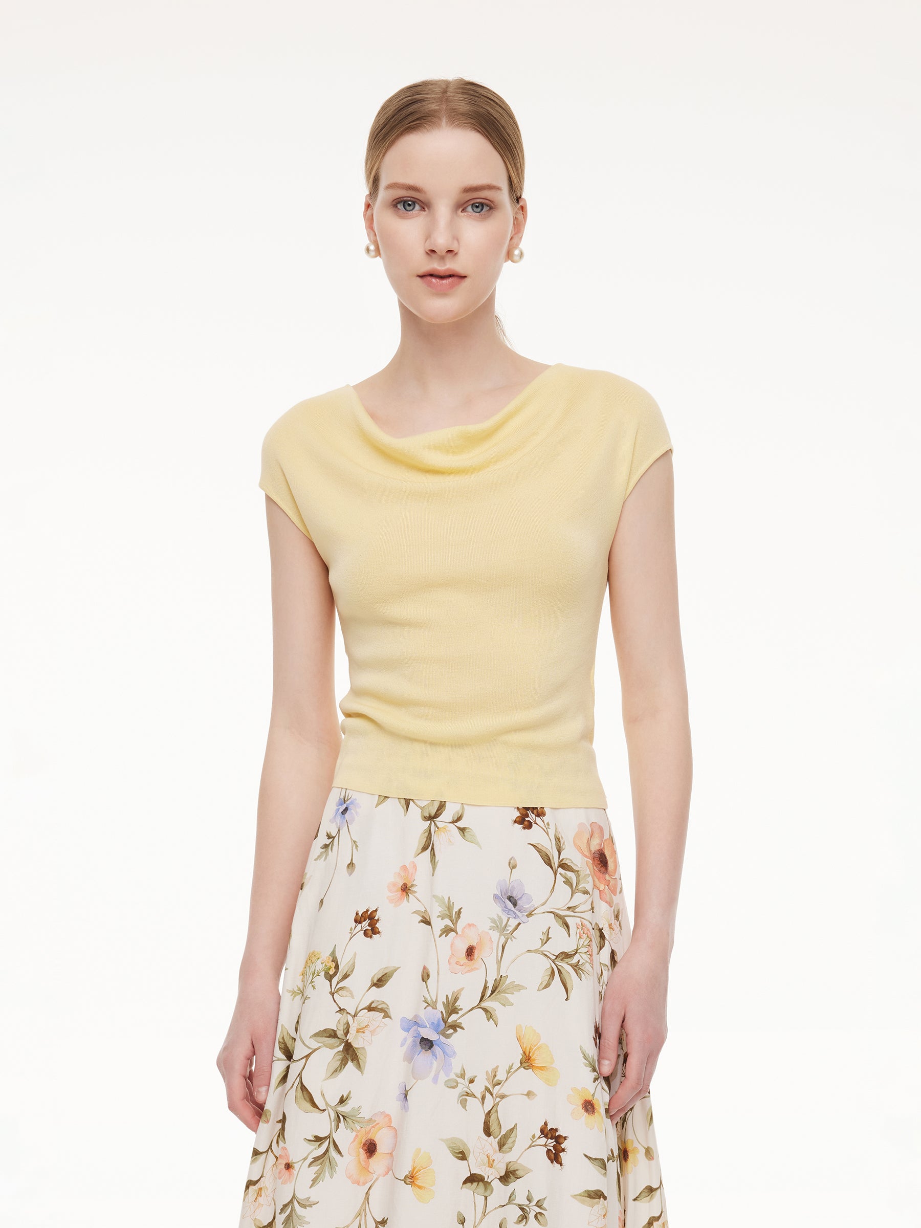 Tencel Mulberry Silk Cowl Neck Women Cap Sleeve Knit Top GOELIA
