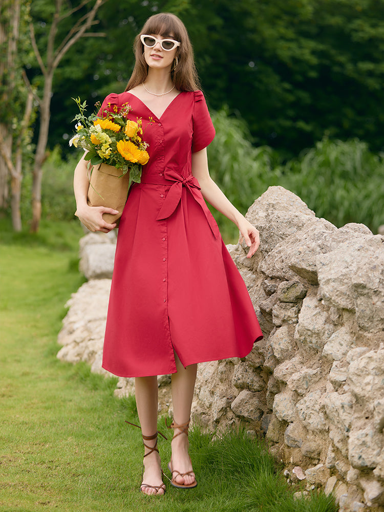 Petal Sleeves Gathered Waist V-Neck Women Midi Dress With Belt GOELIA