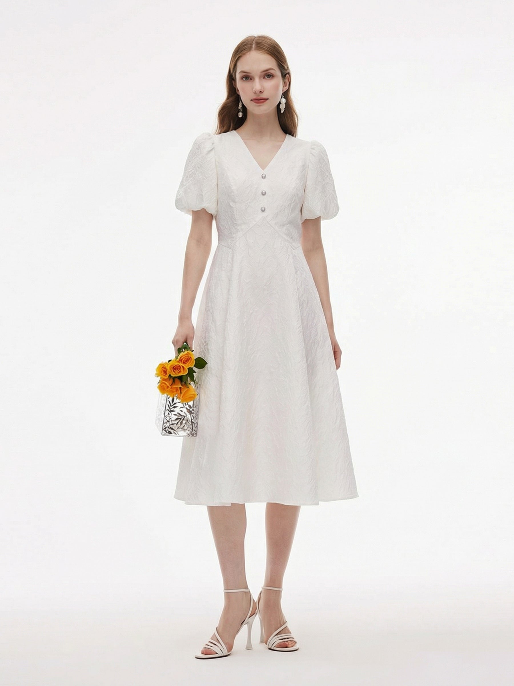 [Preview] Jacquard V-Neck Women Puff Sleeve Maxi Dress GOELIA