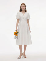[Preview] Jacquard V-Neck Women Puff Sleeve Maxi Dress GOELIA