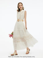 Tencel Blend Embroidered Women Maxi Vest Dress With Tie String Belt GOELIA