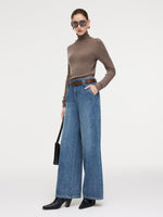 Pre-Order 100% Cotton Denim Fleece Lined Women Wide Leg Jeans GOELIA