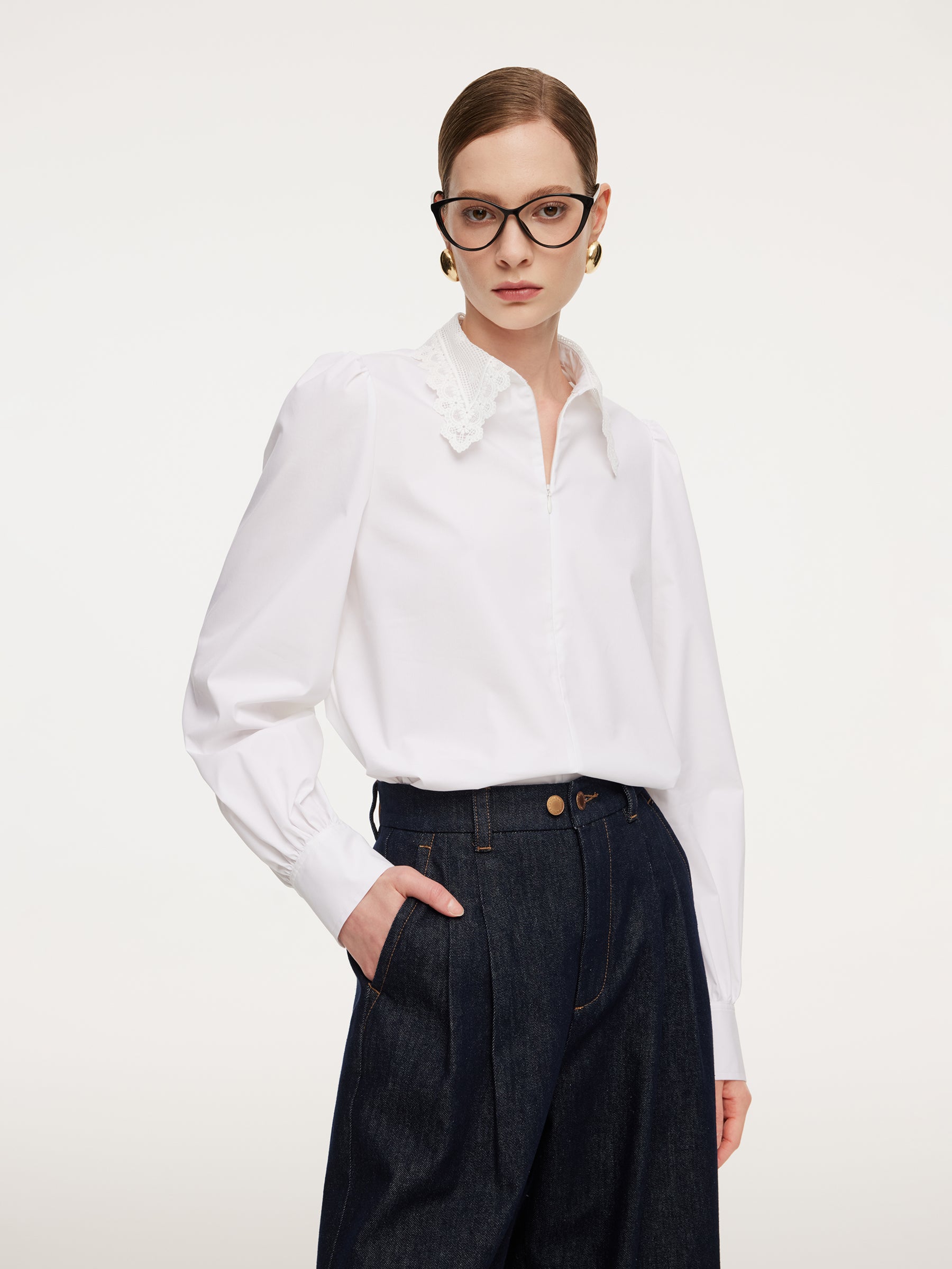 [Preview] Lace Collar Hidden Half-Zip Women Shirt GOELIA