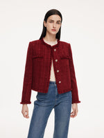 Wool Blend Tweed Sequins Fringe Trim Women Jacket GOELIA