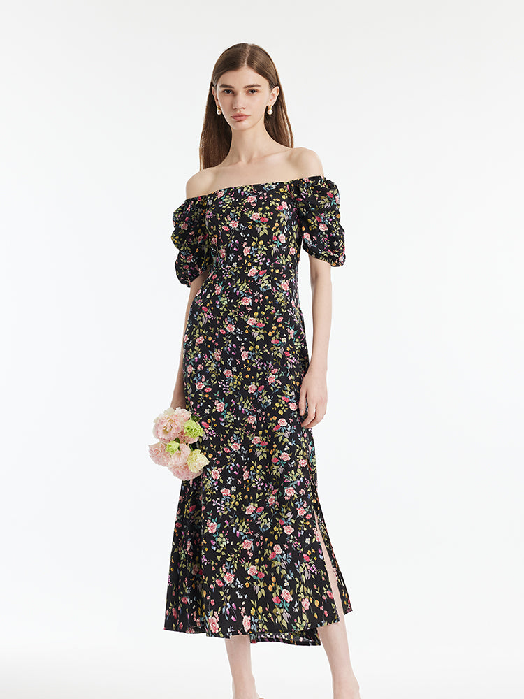 Mulberry Silk Rose Printed Women Maxi Dress GOELIA