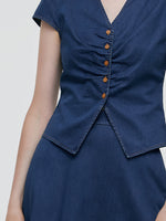 Denim V-Neck Top And Midi Skirt Two-Piece Set GOELIA