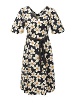 Cotton Stretch Floral Print Women Tie Belt Midi Dress GOELIA